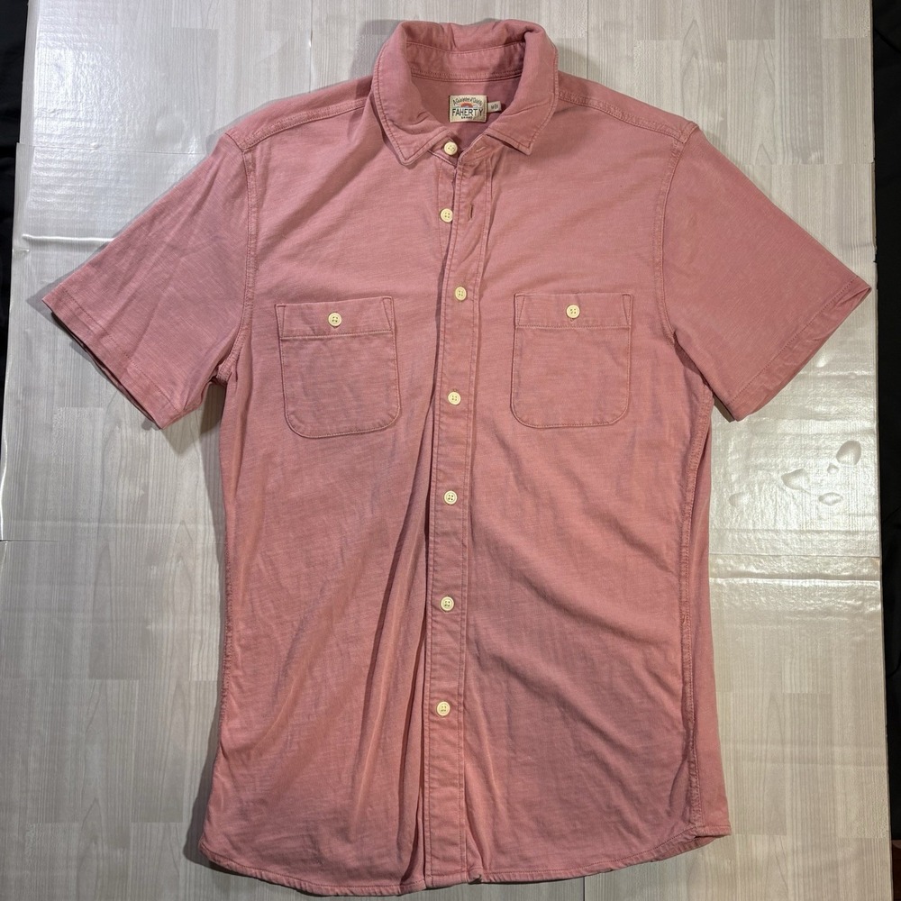 Faherty Knit Seasons Shirt Mens Medium Sunwashed Pink Short Sleeve CottonOrganic